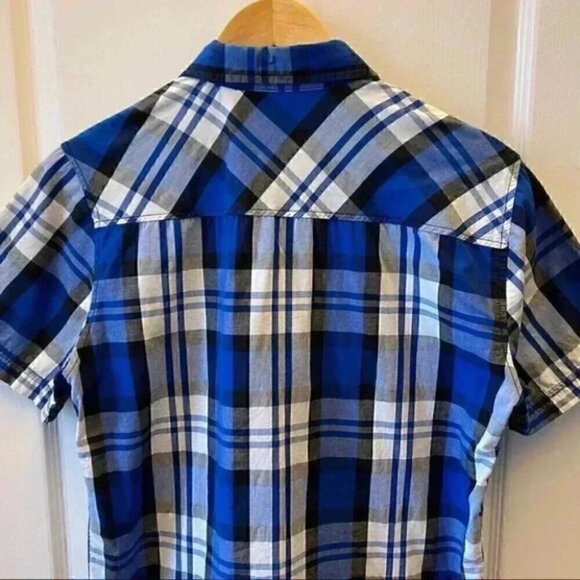 Dickie’s Button Front Shirt Short Sleeves Blue Grey White Plaid Boys Large - Picture 7 of 14
